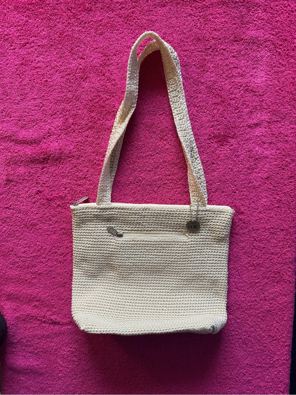 The Sak Cream Crochet Shoulder Bag with Front Zip